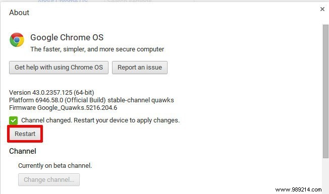 Change Chrome OS software channels to test new features 